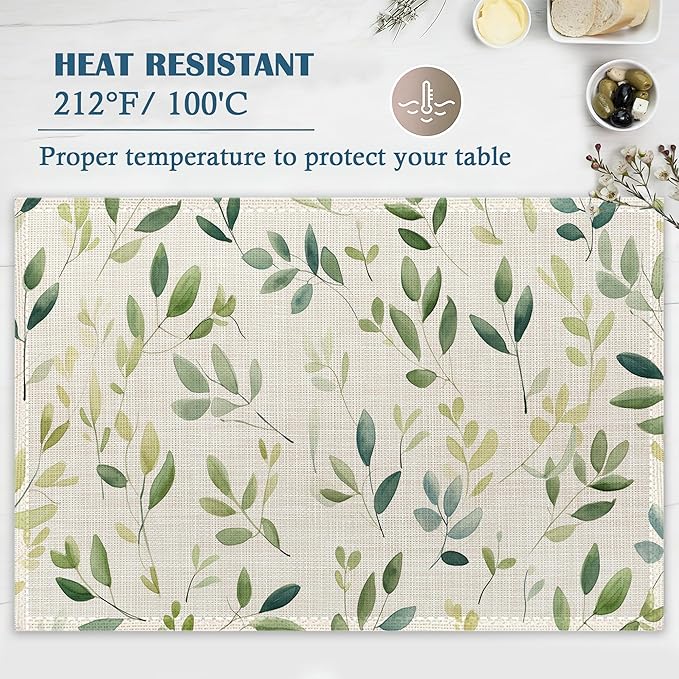 Placemats-Colorful Spring Leaves Linen Table Place Mats Set of 4 Non-Slip Heat Resistant Table Mats for Dining Kitchen Cabin Decor 12x18 Inch