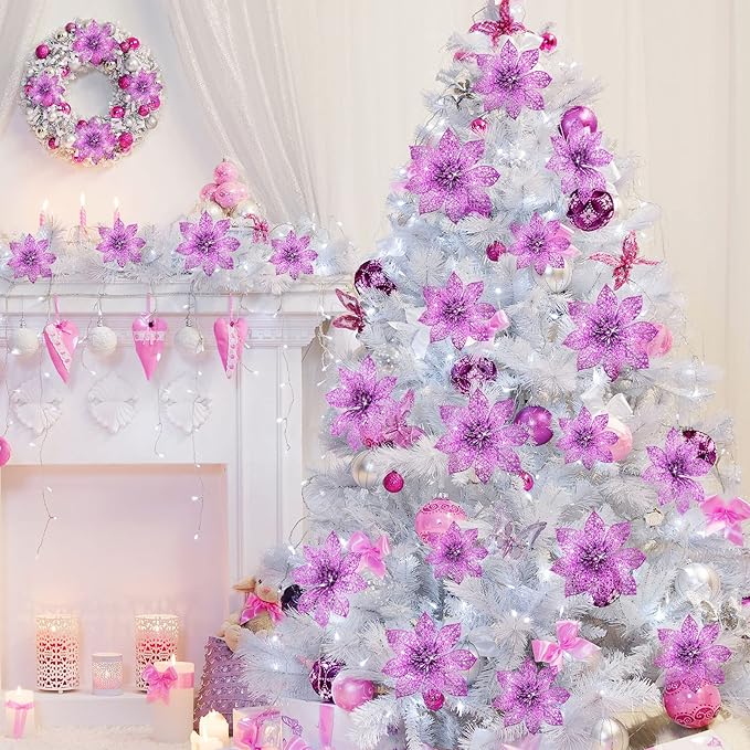 Boao Purple 24 Pieces Poinsettia Flower Christmas Glitter Artificial Poinsettia with Clips Christmas Tree Ornament Decorations for DIY Xmas Wreath Holiday Home Party Decor, 3/4/6 Inches