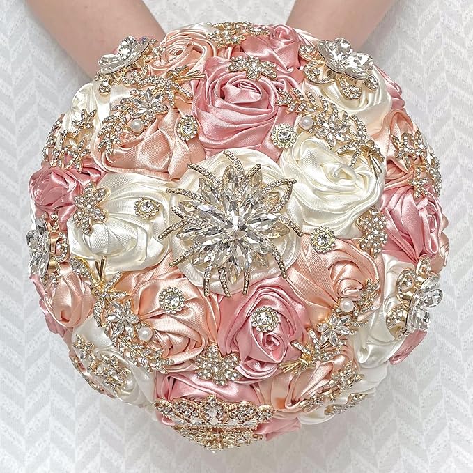 Handmade Satin Rose Floral Bling Pearl Decor Bridal Wedding Bouquet Rhinestone Pendant Artificial Brooch Flowers for Bride Bridesmaid Quinceanera