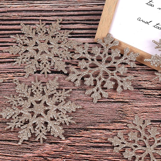 RECUTMS 40Pcs Plastic Snowflake Ornaments Christmas Glitter Snowflakes Hanging Crafts for Wedding Birthday Home Xmas Tree Window Door Accessories,4 Inches,2 Pattern (Champagne)