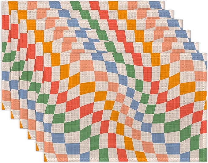 Groovy Retro Wavy Checkered Orange Placemats Set of 6 Place Mats for Kitchen Table Washable Farmhouse Linen Table Mats Dining Decoration 12x18 Inch