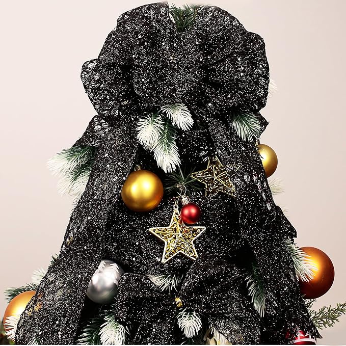 VATIN 4" Black Christmas Ribbon, Black Glitter Mesh Diamond Web Sequin Dots Wired Christmas Ribbon for Gift Wrapping Bow Making Wreath Supply-10 Yards