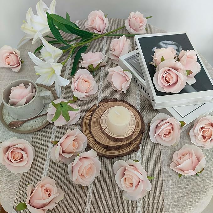 Artificial Satin Rose Flower Heads,42 Pcs Silk Rose Heads with Stems,3.5'' Rose Artificial Flowers Bulk,Artificial Rose Flower Heads for DIY Crafts Bouquet (42, Fall Pink)