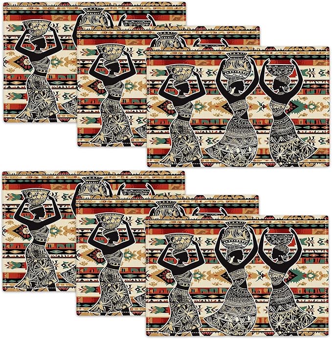 Southwestern Placemats Set of 6, African Woman Place Mats, Rustic Dancing Women with Pot on The Head Dining Table Mats, Washable Placemats for Kitchen Dining Room 18L'' × 12W''