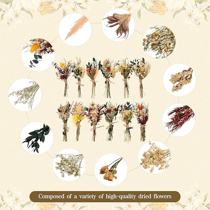 Layhit 12 Pack Boho Dried Flower Bouquet Mini Wedding Handmade Dry Flowers Decor for Vase Crafts DIY Photo Boutonniere for Men Floral Plant for Bridesmaid Gift Birthday Decor(Bright)