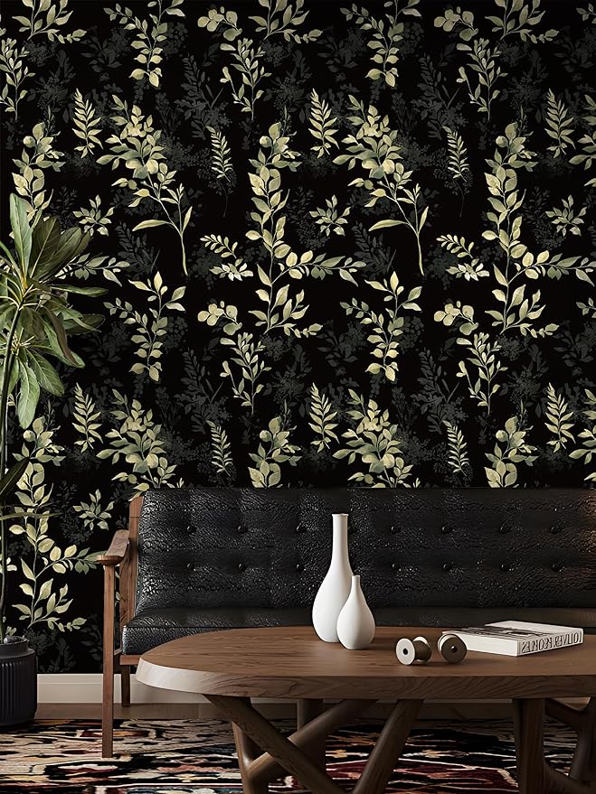 Peel and Stick Wallpaper Boho Leaf Removable Wallpaper Black Textured Renter Friendly for Bathroom Botanical Floral Self Adhesive Contact Paper for Cabinet Countertop 17.5 x 118 in