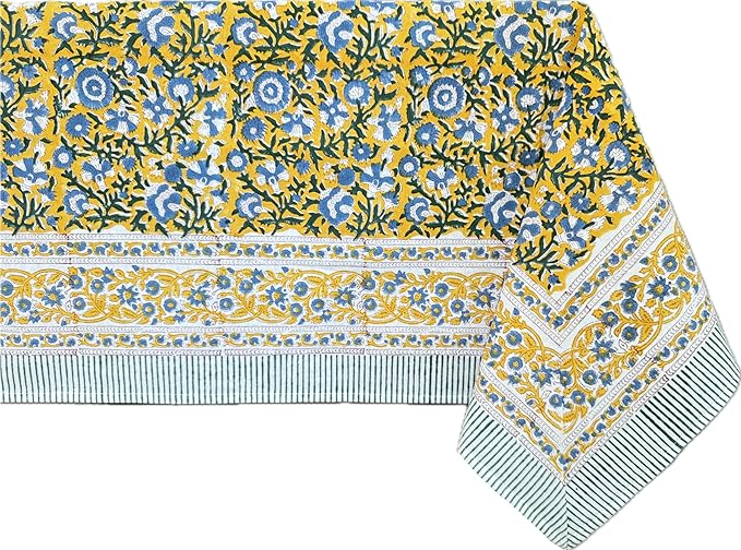ATOSII Marigold Blue Yellow 100% Cotton Fall Tablecloth, Handblock Print Rectangle Table Cover for Kitchen Dining Linen I Parties, Weddings, Outdoors, Easter Table Decor 60 X 108 Inches I 8 Seater