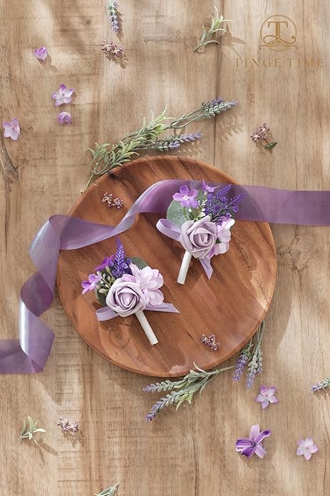 TINGE TIME Lavender Boutonniere for Men Wedding, Set of 2, Groom Groomsmen Boutineers Decor for Ceremony Anniversary, Formal Dinner Homecoming and Rustic Vintage Wedding