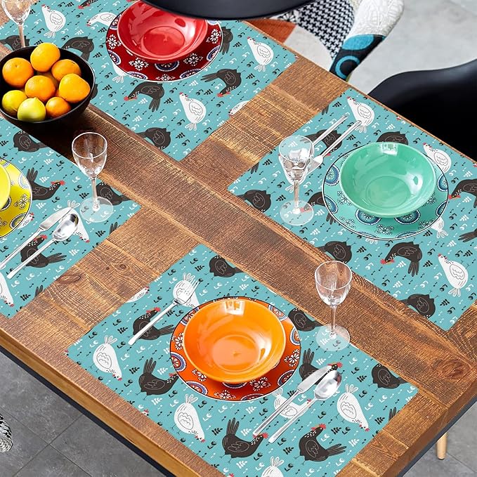Lovely Roosters Placemats Set of 4,Hens 12x18 Inch Non-Slip Washable Heat Resistant Linen Fabric Table Mats,Place Mats for Holiday Party