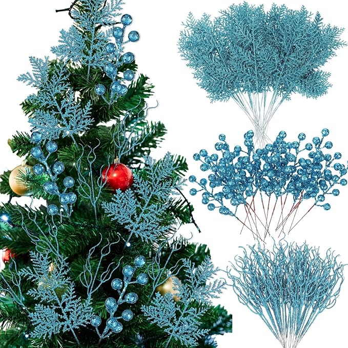 75 Pcs Christmas Glitter Branches 3 Styles Artificial Christmas Picks Berries Stems Pine Needles Floral Twig Spray for Xmas Tree Ornaments DIY Wreath Garland(Light Blue)