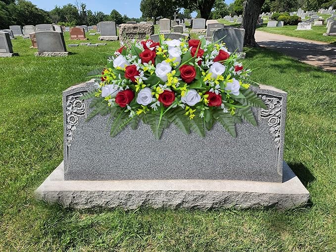 Artificial Cemetery Flowers Saddle-Shaped Tombstone Decorations Non-Fading UV-Resistant （Red and White Saddle