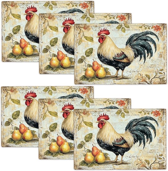Farmhouse Rooster Placemats Set of 6, Rustic Chicken Place Mats, Pear Dining Table Mats, Washable Placemats for Kitchen Dining Room Home Decor 18L'' × 12W''