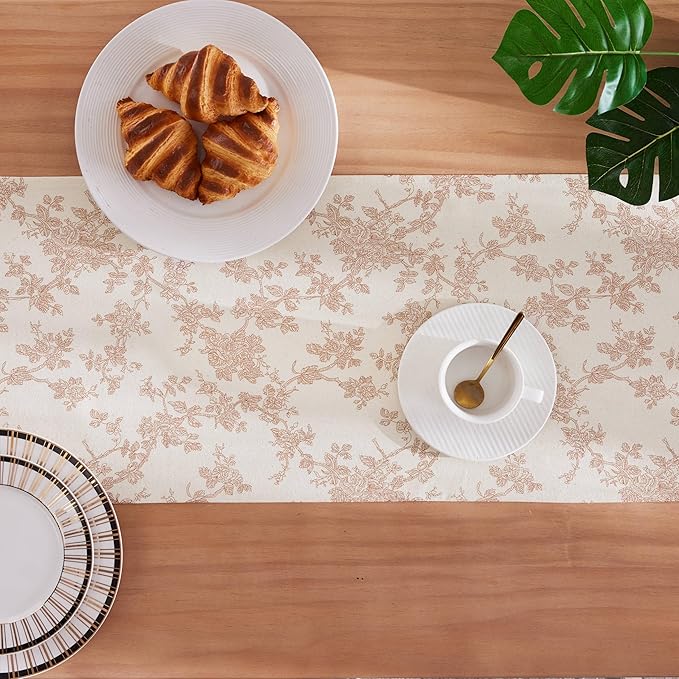 100% Cotton French Pastoral Table Runners, 13x60 Inch Taupe Farmhouse Table Runners 60 Inches Long, Vintage Flowers Print Home Decors