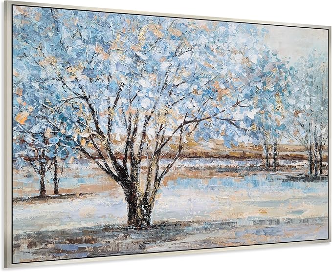 Yihui Arts Tree Canvas Wall Art - Hand Painted Textured Blue and Gold Foil Abstract Forest Landscape Modern Artwork for Living Room, Bedroom, and More