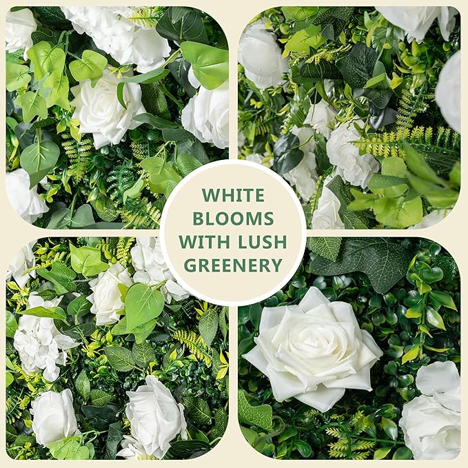 5×8 Ft 3D Artificial Flower Wall Panels, Quick Assembly Storage White Floral Greenery Fake Backdrop Fence Screen for Wedding Baby Show Birthday Party Indoor Outdoor Garden Backyard Home Decor
