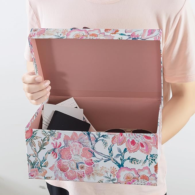 Soul & Lane Decorative Storage Boxes with Hinged Lids, Pink Chinoiserie - Set of 3 Floral Memory Keepsake Boxes with Lids, Pretty Large Cardboard Photo Storage for Organizing, Home Décor, Gifts