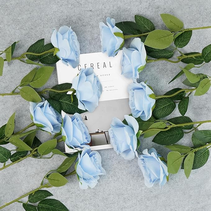 Flojery 10pcs Sky Blue Silk Roses Artificial Rose Flowers Long Stem for DIY Wedding Bouquet Table Centerpiece Home Décor