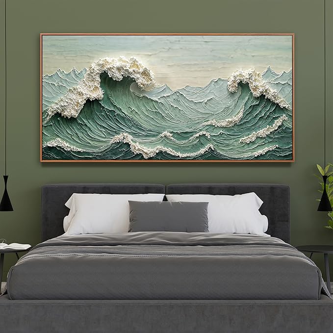 Canvas Wall Art Decor Pictures Large Sea Wave Abstract Wall Decor Print Modern Abstract Green Wall Art Painting Pictures For Living Room Home Kitchen Office Artwork 29 X 58 Inch With Framed