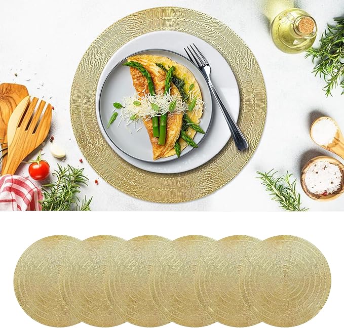 Gold Placemats Set of 6-15 Inch Round PVC Table Mats, Heat-Resistant & Waterproof Washable Place Mats for Dining Table, Elegant Metallic Decor for Holiday Dinner Party Decorations