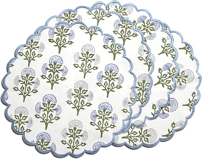 Ridhi Mughal Buta Blue Hand Block Print Cotton15 Inch Round Set of 4 Reusable Washable PlaceMats Kitchen Dining Thanksgiving Halloween Christmas Weddings Everyday Use