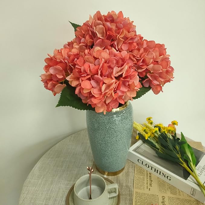 Coral Hydrangea Artificial Flowers,6 Pcs Faux Hydrangea Flowers,Artificial Hydrangeas Flowers with Stems,Fake Hydrangeas, Silk Flowers Color with Stems for Home Decor (6, Coral)