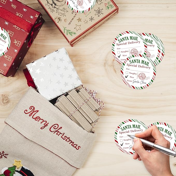 Christmas Gifts Tags Stickers from Santa, 30 Pcs Christmas Name Tags for Gifts, 2.5x2.5 Inch Holiday Presents Sticker Labels, Festive Chrismas Name Tag for Gift Wrapping Bags Classroom-D07