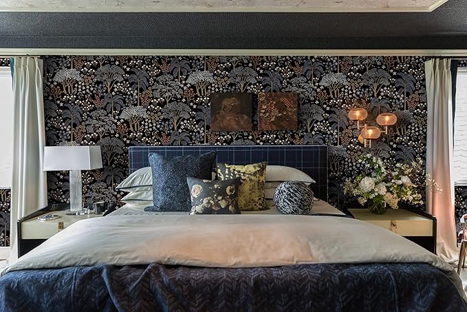 Guvana 197"x16.14" Forest Wallpaper Black Peel and Stick Wallpaper Leaf Contact Paper Floral Self Adhesive Wall Paper for Living Room Cabinets Decorative