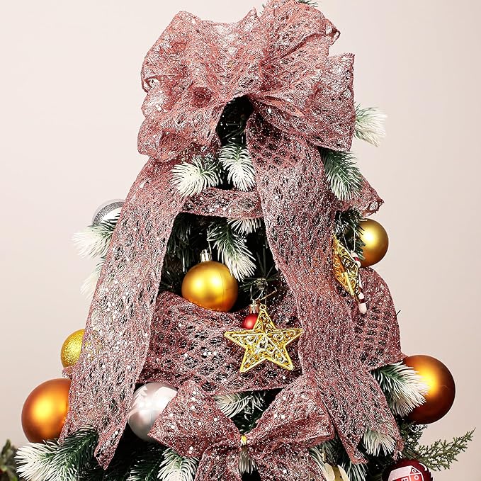 VATIN 2-1/2" Rose Gold Christmas Ribbon, Rose Gold Glitter Mesh Diamond Web Sequin Dots Wired Christmas Ribbon for Gift Wrapping Bow Making Wreath Supply-10 Yards