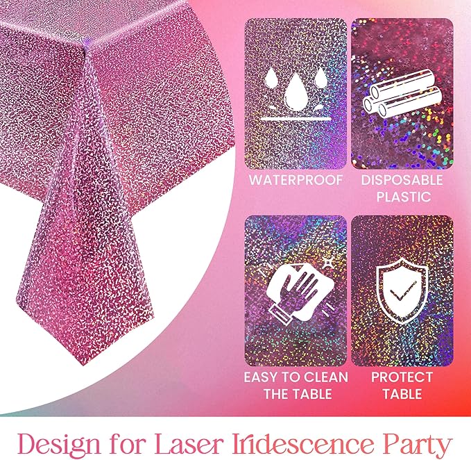 8 Pcs Pink Holographic Laser Tablecloths Iridescence Shiny Table Covers 40" x 108" Aqua Foil Rectangle Table cloths for Baby Shower Undersea Ocean Birthday Party Winner Wedding Party Décor