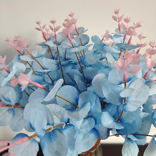 19" Faux Flowers Artificial Silk Silver Dollar Eucalyptus Stems Fake Plant for Vase Home Wedding Decor 3 Pcs (Blue)