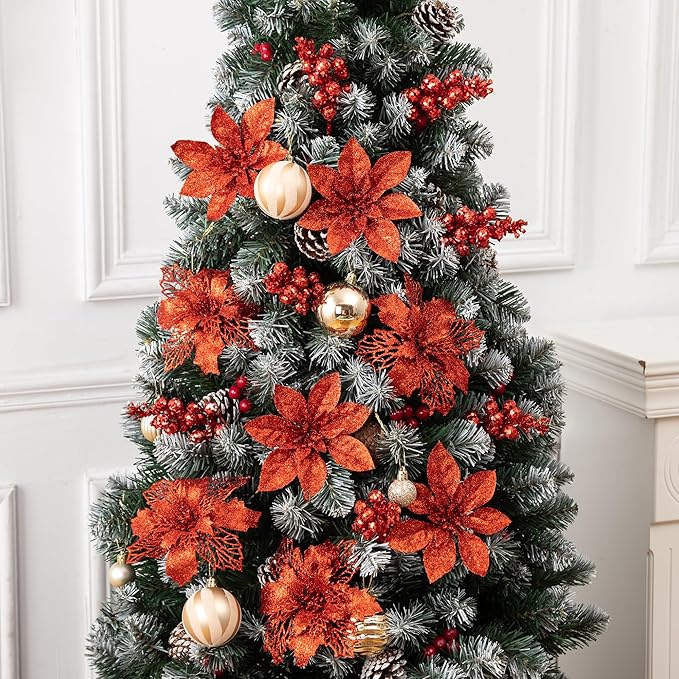 24Pcs Red Glitter Poinsettia Christmas Tree Ornaments and Glitter Berries Stems, 16Pcs Christmas Artificial Flowers and 8 Pack Christmas Tree Picks for Wedding Holiday Decorations