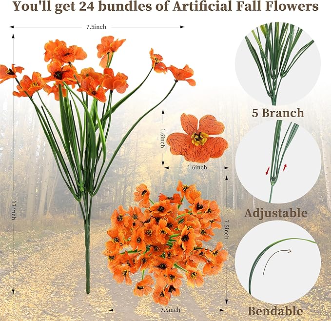 24 Bundles Artificial Mums for Outdoors/Indoors Faux Mums for Outdoor Planters, Fall Flowers Artificial for Decoration Garden Porch Window Box Home Wedding Farmhouse