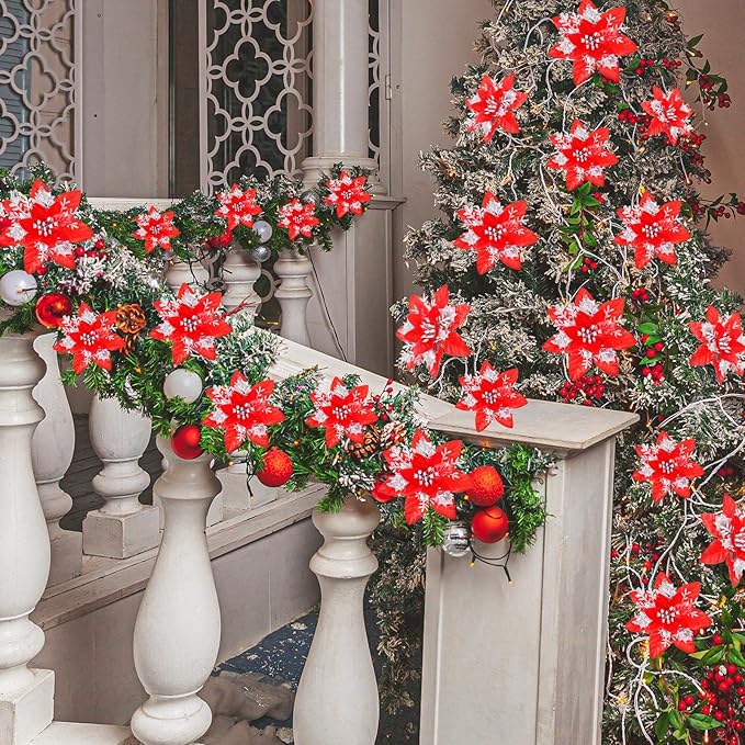 36 Pcs Christmas Glitter Artificial Poinsettia Flowers Xmas Poinsettia Artificial Wedding Flowers Decorations Xmas Tree Ornaments with Clips for Party, 6 Inch, 4 Inch, 3 Inch(Red and Silver)