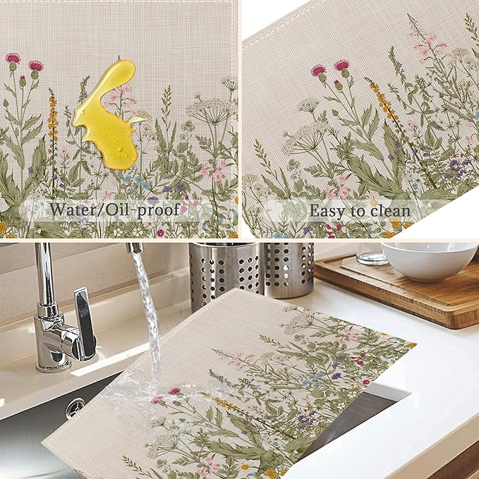 Summer Flower Placemats Set of 6,Washable Heat Resistant 12×18 Inch Linen Table Mats Fall Meadow Herbs Place Mats for Party Outdoor Dining Décor