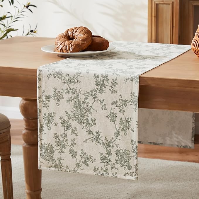100% Cotton French Pastoral Table Runners, 13x72 Inch Green Farmhouse Table Runners 72 Inches Long, Vintage Flowers Print Home Decors