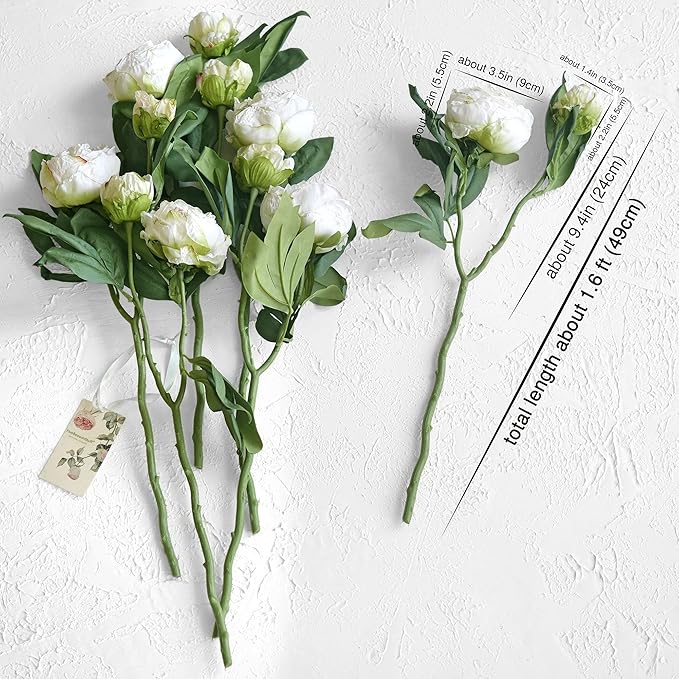 FiveSeasonStuff Vintage White Peonies – Realistic Artificial Silk Flowers with Dry-Look Petals, 6 Stems for Rustic Home & Wedding Bridesmaids Bouquet Bridal Showers
