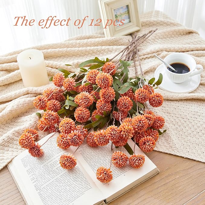 SITUMEIZI Orange Pompon Mum Artificial Flowers Faux Silk Mums Mini Chrysanthemum with Stems 6Pcs for DIY Orange Wedding Centerpieces Floral Arrangements