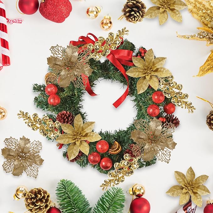 24Pcs Gold Glitter Poinsettia Christmas Tree Ornaments and Glitter Berries Stems, 16Pcs Christmas Artificial Flowers and 8 Pack Christmas Tree Picks for Wedding Holiday Decorations