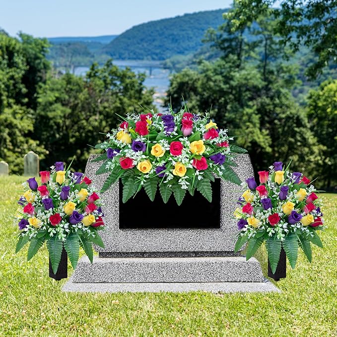 Artificial Cemetery Flowers, Gravesite Decoration Roses, Memorial Bouquets with Cemetery Vase, Vibrant and Long-Lasting Colors (Yellow+Purple+Brilliant Red, 2 Bundles)