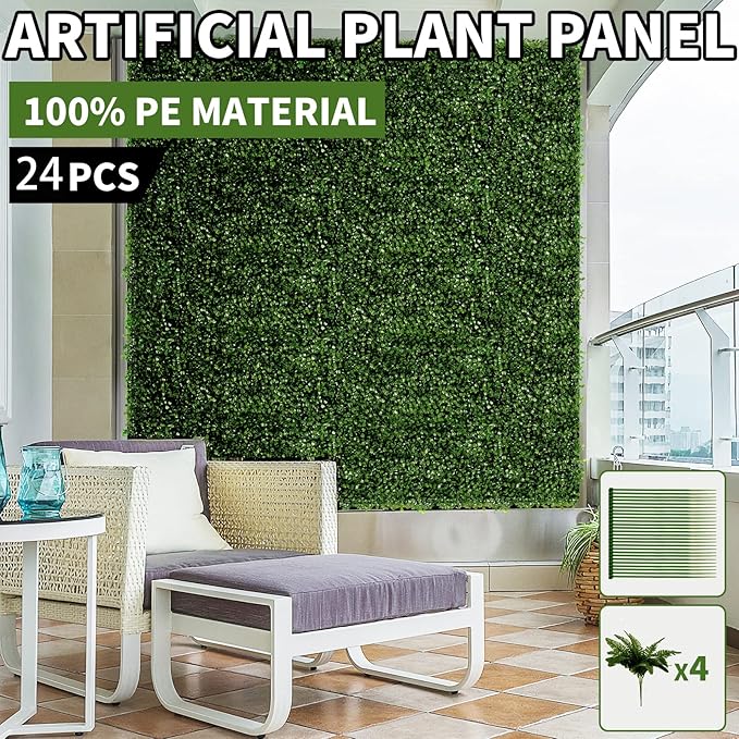 24 Pieces 24"x 16" Artificial Boxwood Panel, Grass Wall Panel, Boxwood Hedge Wall Panels UV Protected Suitable for Artificial Green Wall Decor, Fence Garden Wedding Backyard Decor