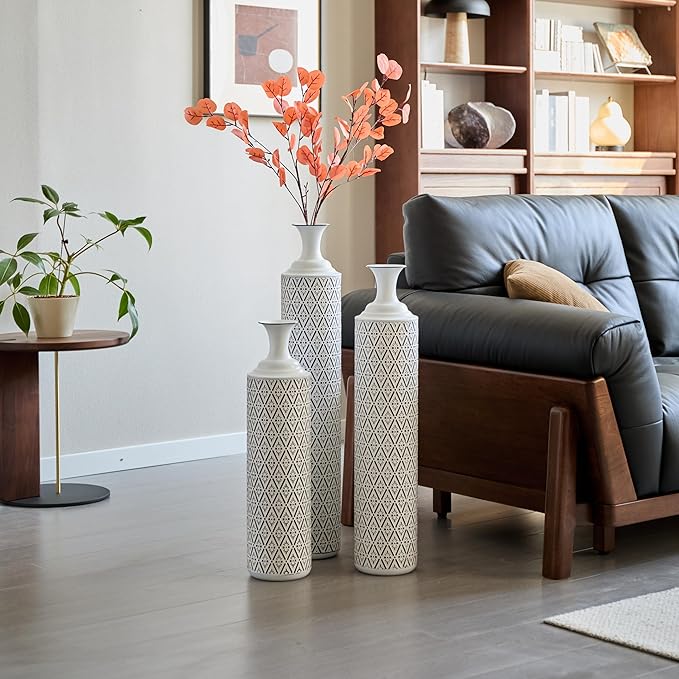 Floor Vases, Tall Home Decor Metal Vase Set of 3 Large Glazed Decorative Vases for Wedding Decor, Elegant Modern Flower Holder for Living Room, Entryway, Hallway, Dining Room