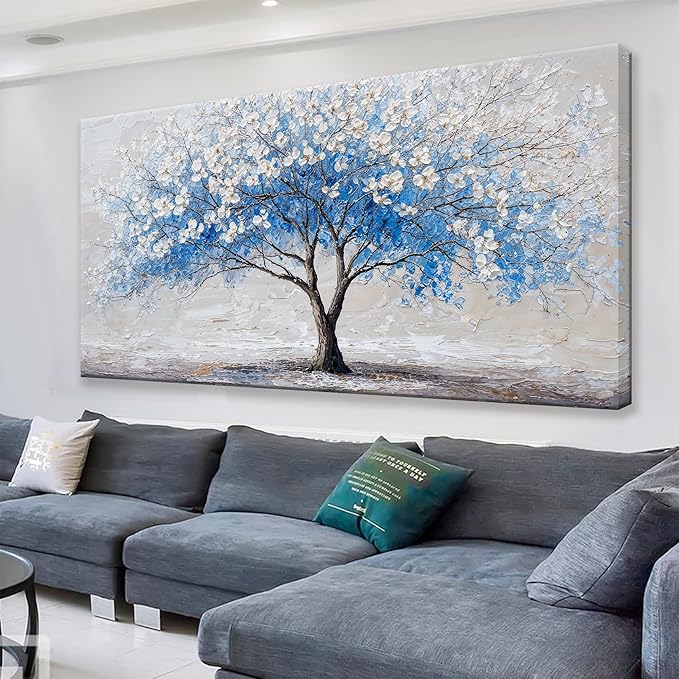 Suconvng Wall Art Blue Tree Of Life Canvas Art Wall Decor Painting Picture Modern Wall Art Prints Landscape Picture For Bedroom Bathroom Office Home Decor 20"×40" Ready To Hang