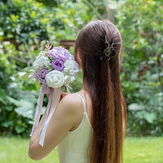 ponatia Lilac Wedding Bouquets for Bride Bridesmaid, White Wedding Artificial Roses Flowers for Wedding Bouquets Ceremony, Anniversary (Lilac & White & Ivory)