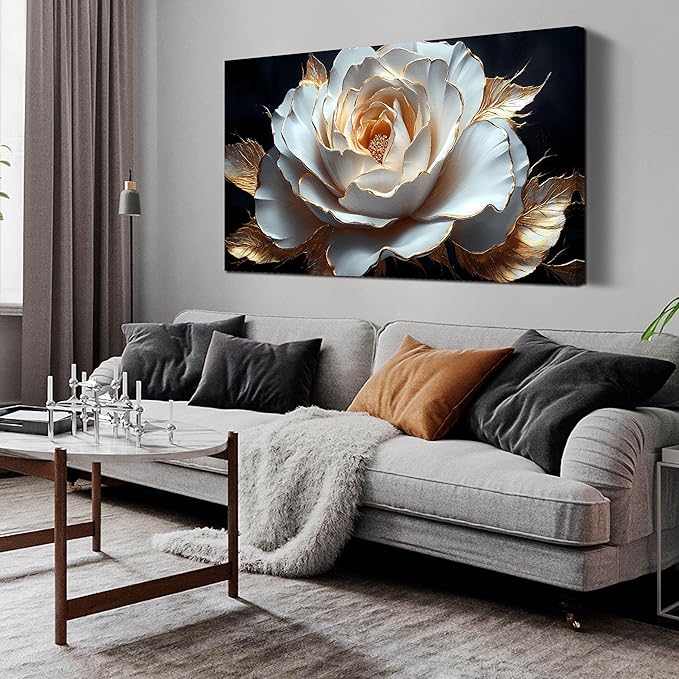 Large White Flower Canvas Wall Art for Living Room Bedroom Home Office Black and White Flower Picture Modern Canvas Prints Framed Wall Decor Artwork Size 24x48