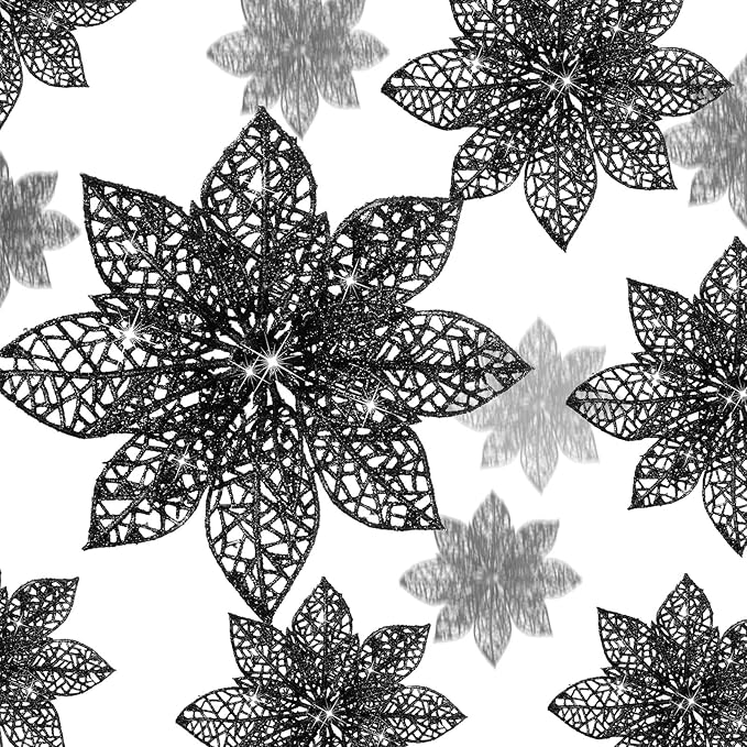 Boao Black 24 Pieces Poinsettia Flower Christmas Glitter Artificial Poinsettia with Clips Christmas Tree Ornament Decorations for DIY Xmas Wreath Holiday Home Party Decor, 3/4/6 Inches