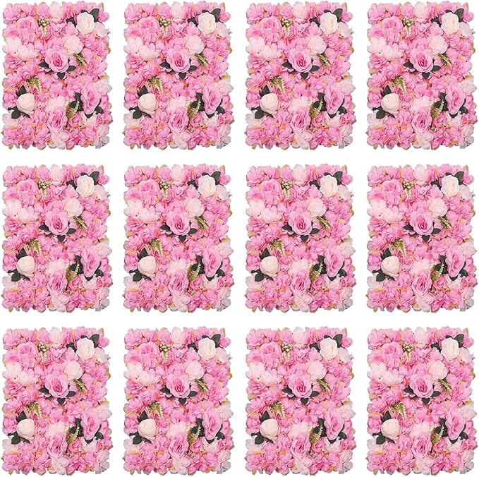 12pcs Flower Wall Panels 15.7“ x 23.6" Floral Wall Artificial Flower Backdrop for Wedding Party Photo Backgrounds Dark Pink