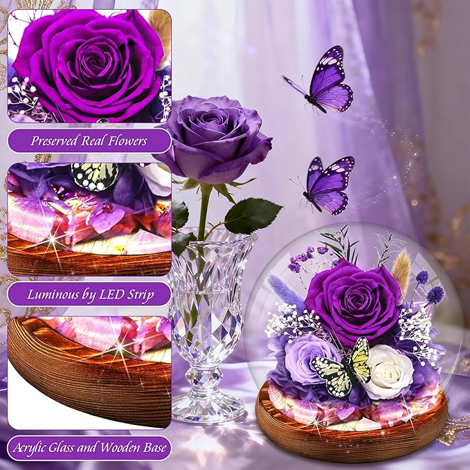 Flowers for Delivery Purple Forever Rose Gift for Women | Long-Lasting Real Flowers in Glass Dome | Christmas Birthday Gifts for Women Mom Sister
