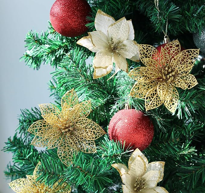 ilauke 24Pcs Gold Poinsettias Artificial Christmas Flowers, 6" Glitter Artificial Christmas Flowers with 30 Clips, for Xmas Tree Decorations Wedding Party Fireplace Stairs Decor