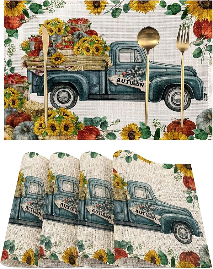 Thanksgiving Placemats Set of 4, Pumpkin Autumn Truck Place Mats Heat Resistant Washable Non-Slip Table Mats for Party Kitchen Dining Decor 12x18 Inch