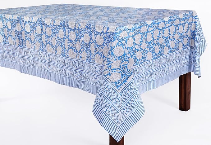 ATOSII Azora Blue 100% Cotton Rectangle Fall Tablecloth, Handblock Floral Print Linen Table Cloth for Kitchen Dining I Parties, Outdoors, Christmas, Thanksgiving I 72 X 140 Inches I 12 Seater